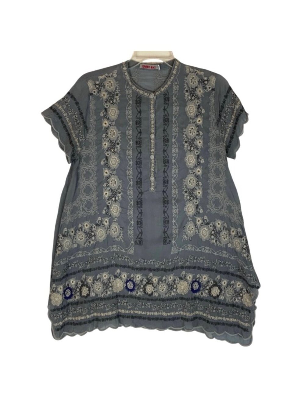 Johnny Was Kones Tunic Top Gray Embroidered Short Sleeve Button Front Size Small